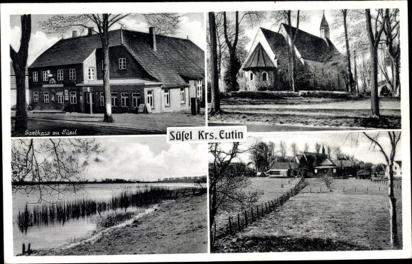Postcard Süsel in Ostholstein, Gasthof zu Süsel, shore area, church