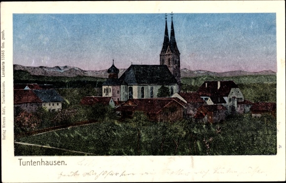 Luna Postcard Tuntenhausen Upper Bavaria, total view of the village with church, mountains