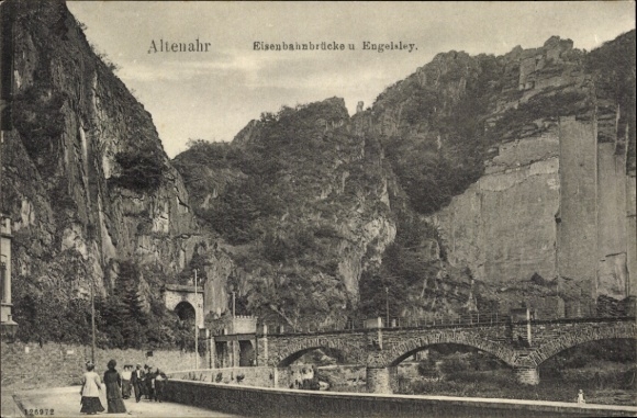 Postcard Altenahr in the Ahr Valley, railway bridge, Engelsley, rocks, river, view