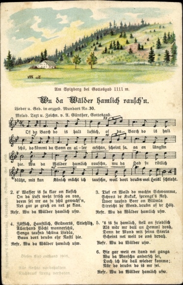 Song Postcard Günther, Anton, Wu da forests hamlich rausch'n, Erzgebirge dialect No. 30, Spitzberg
