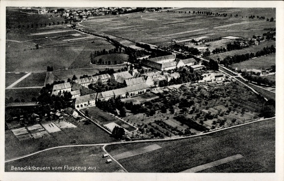 Postcard Benediktbeuern in Upper Bavaria, aerial view of the monastery, wide fields, landscape, Benediktbeu