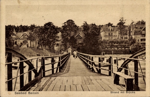 Postcard Ostseebad Bansin on Usedom, beach with bridge
