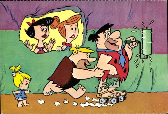 Postcard The Flintstones, Fred paints a wall, roller skates, Barney Rubble, Wilma, Betty