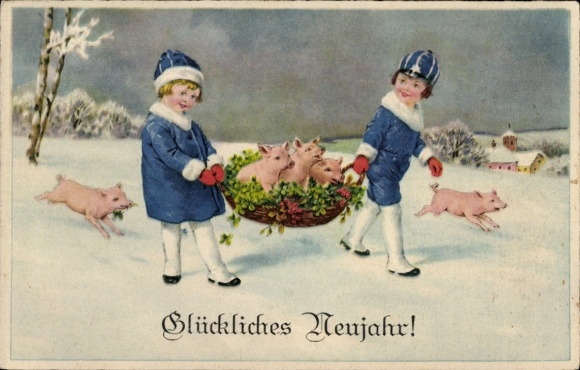 Greeting card New Year, children, pigs, basket