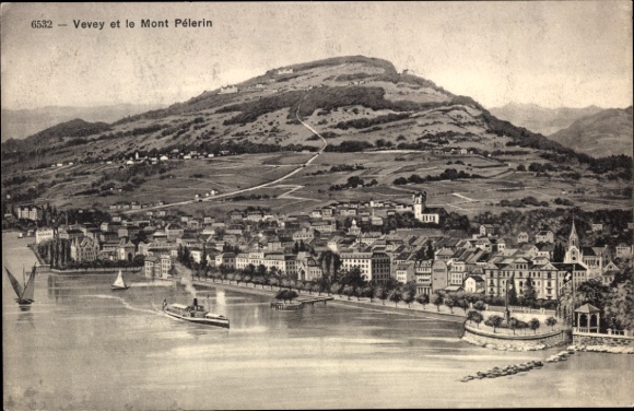 KP Vevey Canton Vaud, Mont Pélerin, jezioro, łodzie, krajobraz