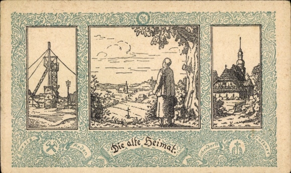 Artist Postcard Silesia, The old homeland, mine, church, Borsig, Eichendorff, voting card
