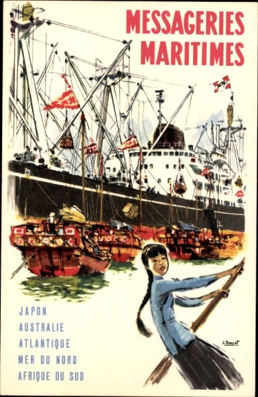 Kunstenaar Ak Messageries Maritimes, Japan, Australië, Atlantische Oceaan, Passagiersschepen in Azië