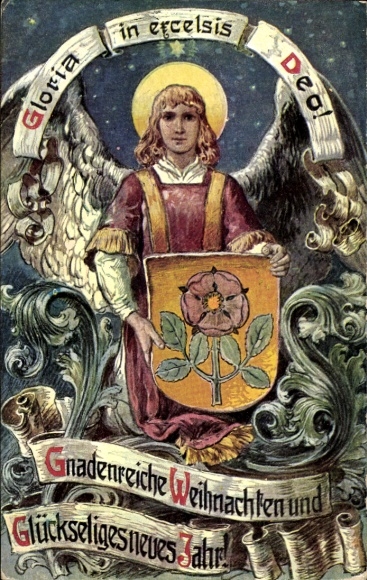 Artist Postcard Merry Christmas, Happy New Year, angel with coat of arms, Gloria in excelsis Deo