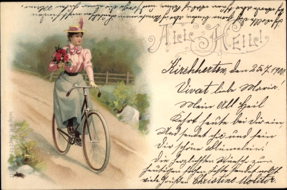 Litho Frau mit Blumenstrauß, Radfahrerin, Fahrrad, All Heil