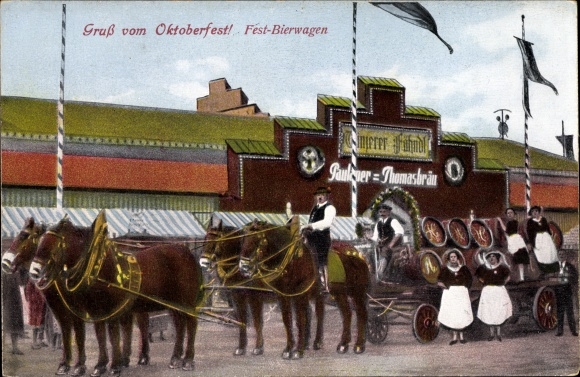 Postcard Munich, Oktoberfest, Fest Bierwagen, Fuhrwerk, Paulaner Thomasbräu