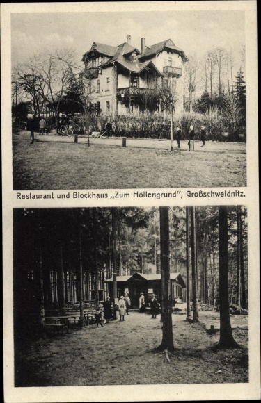 Postcard Großschweidnitz in Saxony, restaurant and log cabin Zum Höllengrund, owner GM Hartmann