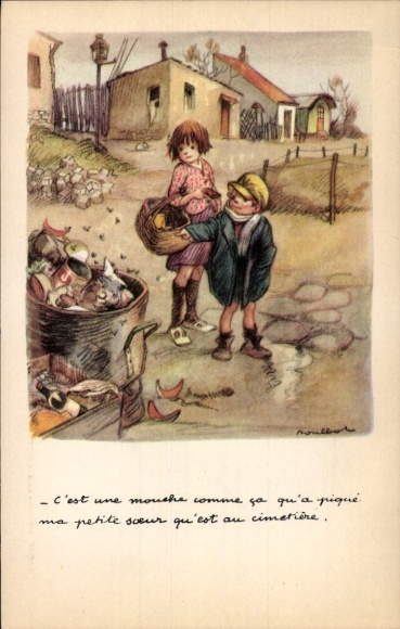 Artist Postcard Poulbot, Francisque, children, trash can, flies