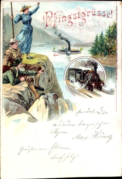 Litho Glückwunsch Pfingsten, Wanderer, Eisenbahn, Dampfer