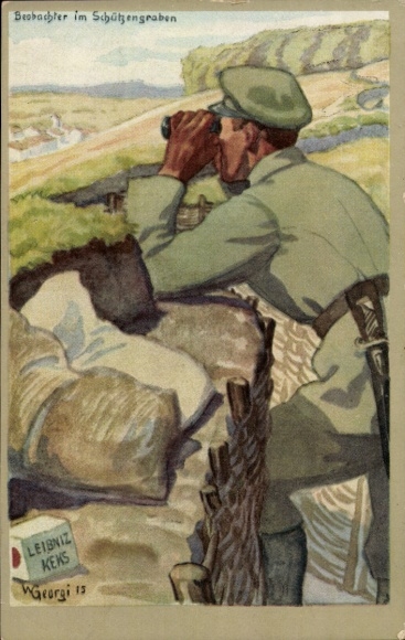 Artist Postcard Georgi, W., Observer in the trenches, advertising, Leibniz biscuit