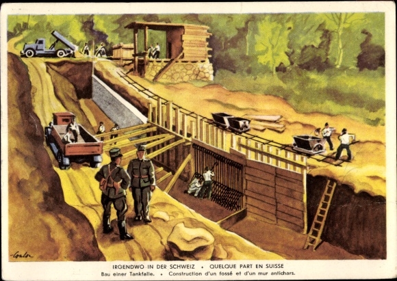 Artist Postcard Switzerland, At a tank trap