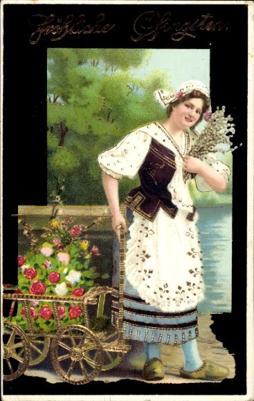 Glitter PC Happy Pentecost, woman in traditional costume with flower cart