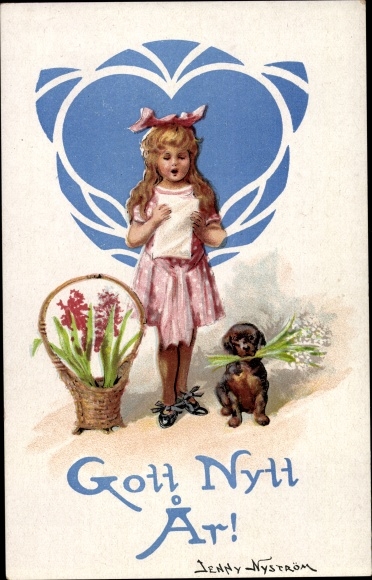 Artist Postcard Nyström, Jenny, Gott Nytt Ar, New Year, singing girl, dachshund, hyacinths