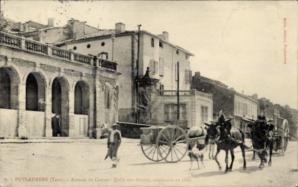 Postcard Puylaurens Tarn, Avenue de Castres, Halle aux Grains, mule cart