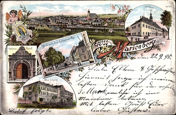 Chromo-Litho Marienberg in the Erzgebirge of Saxony, town hall portal, Zschopauer Tor, new school