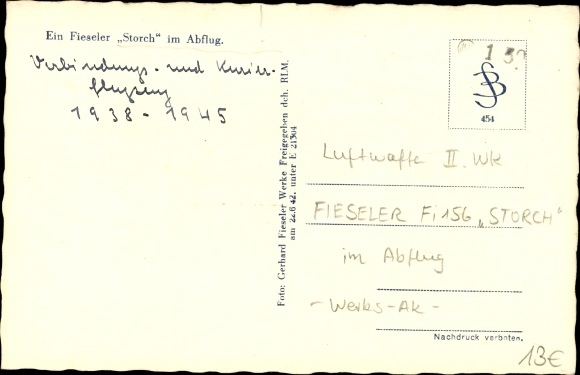 Postcard German Air Force, Fieseler Fi 156 Storch fighter plane taking off, D3ND