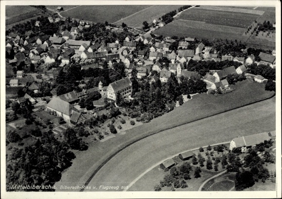 Postcard Mittelbiberach in Upper Swabia, aerial view of rural surroundings, views of houses