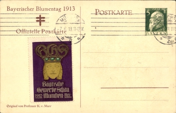 Postal stationery artist Postcard Marr, Carl, Bavarian Flower Day 1913, Girl with Flowers