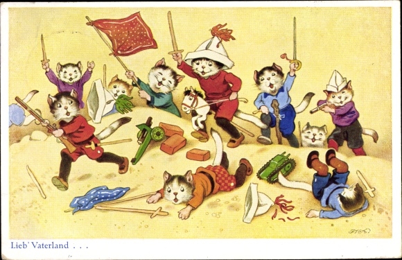 Artist PC Baumgarten, F., dear fatherland, house cats humanized, children play war