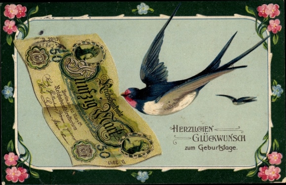 Embossed Chromo-Litho Happy Birthday, swallow with banknote in its beak