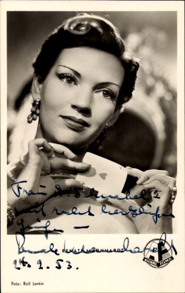 Postcard actress Renate Mannhardt, portrait, autograph, playing card