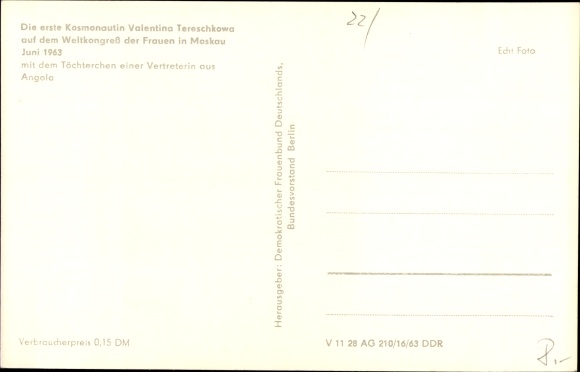 Postcard Moscow Russia, cosmonaut Valentina Vladimirovna Tereshkova, World Congress of Women 1963