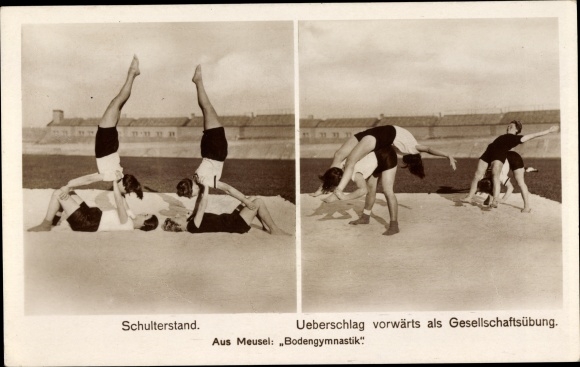 Postcard Aus Meusel, floor gymnastics, shoulder stand, rollover, women doing gymnastics