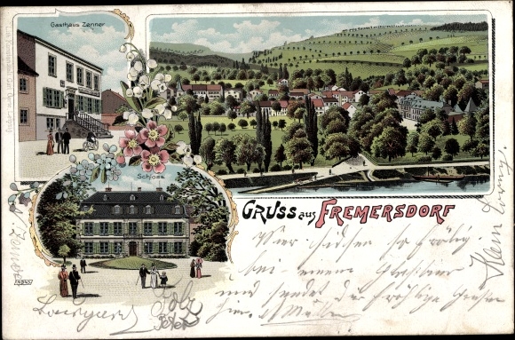 Litho Fremersdorf Rehlingen Siersburg im Saarland, Schloss, Blick auf den Ort, Gasthaus