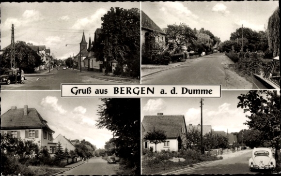Postcard Bergen an der Dumme Wendland, greeting from four black and white photos of a street with trees, houses...