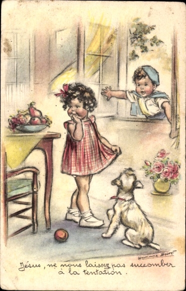 Artist Postcard Bouret, G. , Children at the Window, Dog