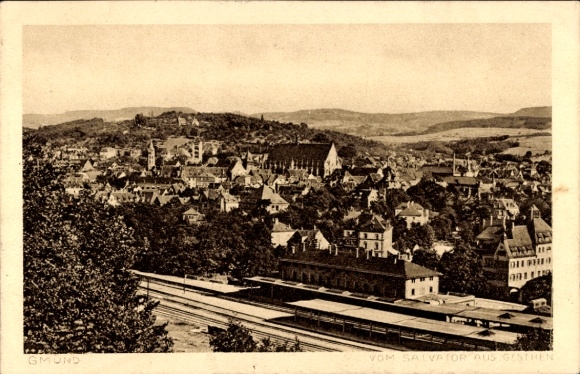 Ak Schwäbisch Gmünd im Remstal, Blick vom Salvator, Bahnhof