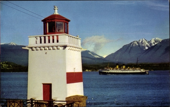 Postcard Vancouver British Columbia Canada, Lighthouse at Brockton Point, Steamer, steamship