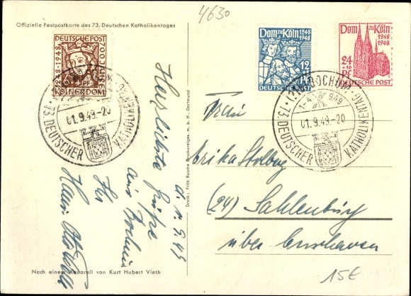 Artist Postcard Vieth, KH, Bochum in the Ruhr area, city of the 73rd German Catholic Day 1949