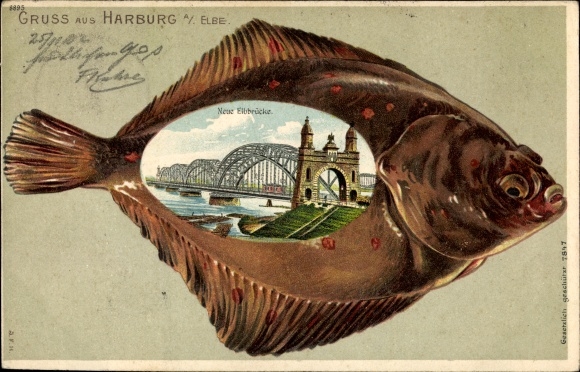 Embossed Flounder Chromo-Litho Hamburg Harburg, Neue Elbbrücke