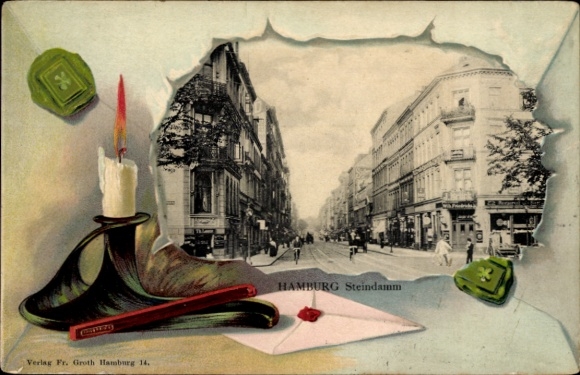 Embossed passepartout PC Hamburg Mitte St. Georg, Steindamm, letter, candle, sealing wax