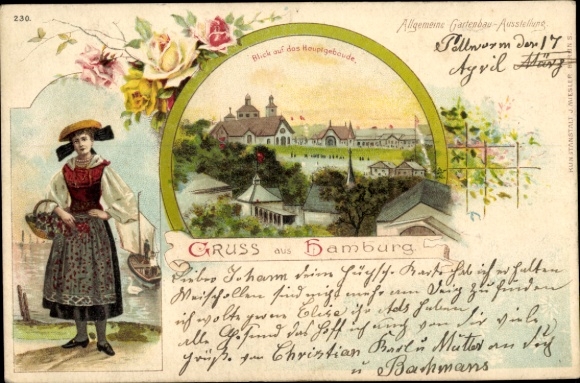 Chromo-Litho Hamburg, General Horticultural Exhibition, Main Building, Woman in Traditional Costume