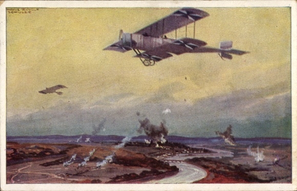 Artist Postcard Schulze, Hans Rudolf, military biplane on reconnaissance flight on the Marne, WWI