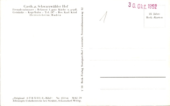 Postcard Heitersheim in the Black Forest, aerial photograph, Gasthaus zum Schwarzwälder Hof