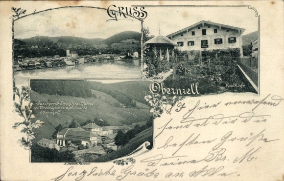 Postcard Obernzell an der Donau Lower Bavaria, partial views, pharmacy, Saxinger Schmelztiegelfabrik