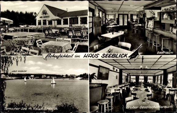 Ak Selm in Westfalen, Haus Seeblick, Waldfreibad, See, Gesellschaftsraum