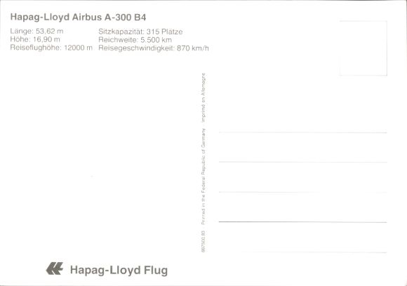 Postcard passenger aircraft of Hapag Lloyd, Airbus A 300 B 4