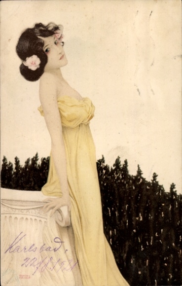 Art Nouveau-kunstenaar litho Kirchner, Raphael, dame in gele jurk