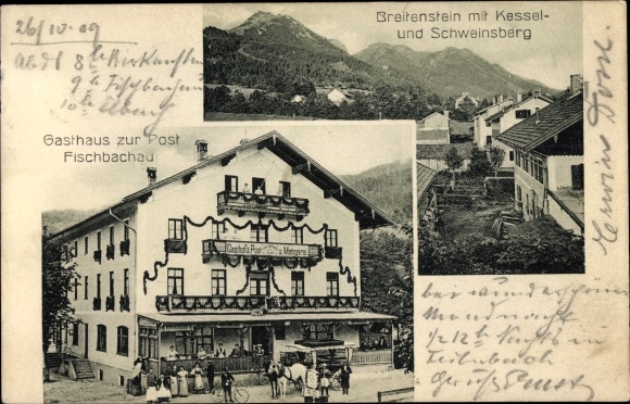 Postcard Fischbachau in Upper Bavaria, Inn zur Post, Breitenstein, Kesselberg, Schweinsberg