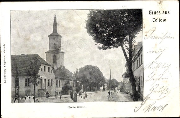 Ak Teltow in Brandenburg, Breite Straße, kerk, bedrijfsgebouw, kinderen