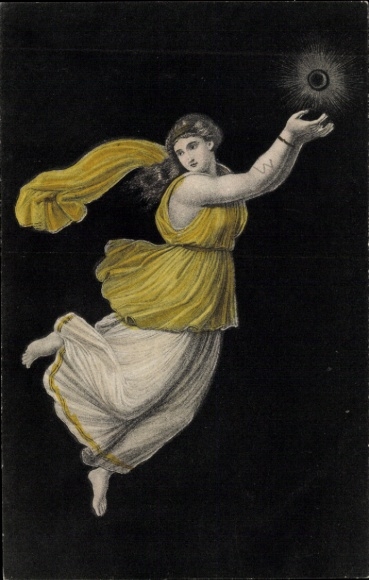 Postcard woman with sun, allegory time of day