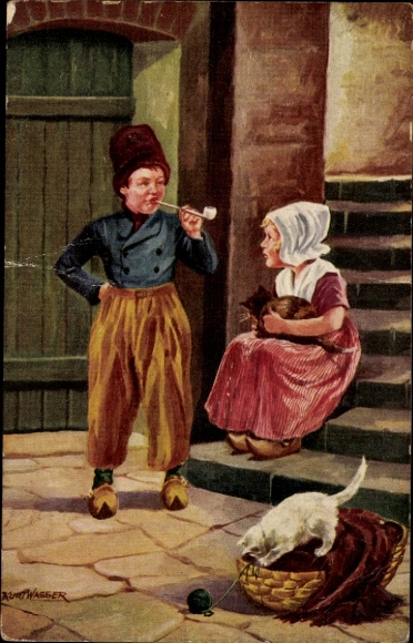Artist Postcard Wasser, K., Dutch children, cat, pipe